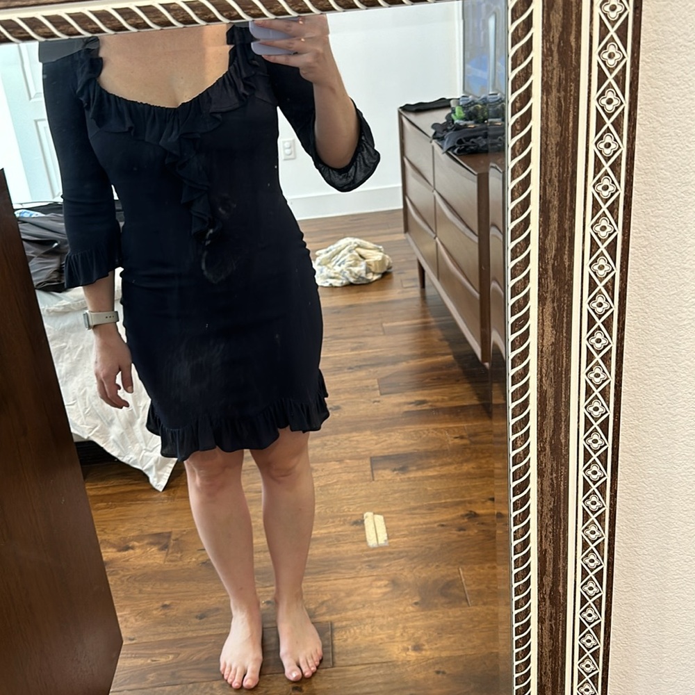 Bella Freud navy blue low-cut form fitting mid length dress.